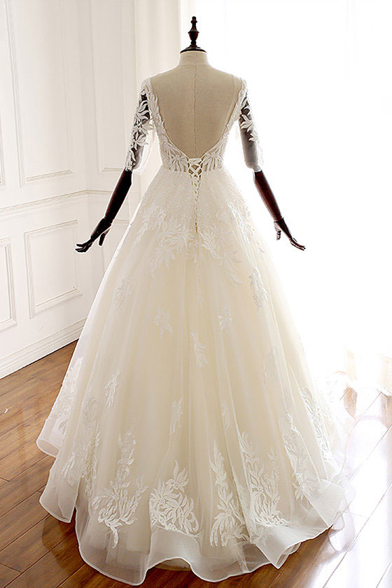 White v neck tulle lace long prom dress, white tulle wedding dress
