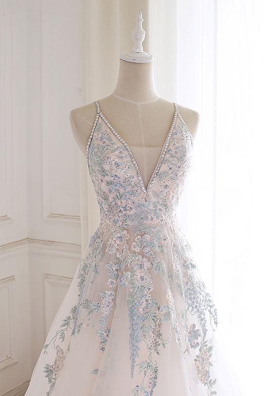 White v neck tulle lace long prom dress, white evening dress