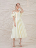 Light yellow satin short prom dress, yellow bridesmaid dress