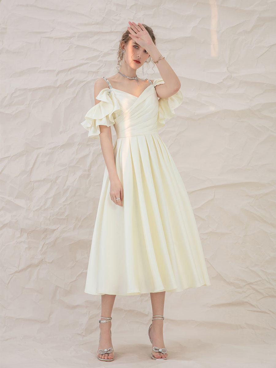 Light yellow satin short prom dress, yellow bridesmaid dress