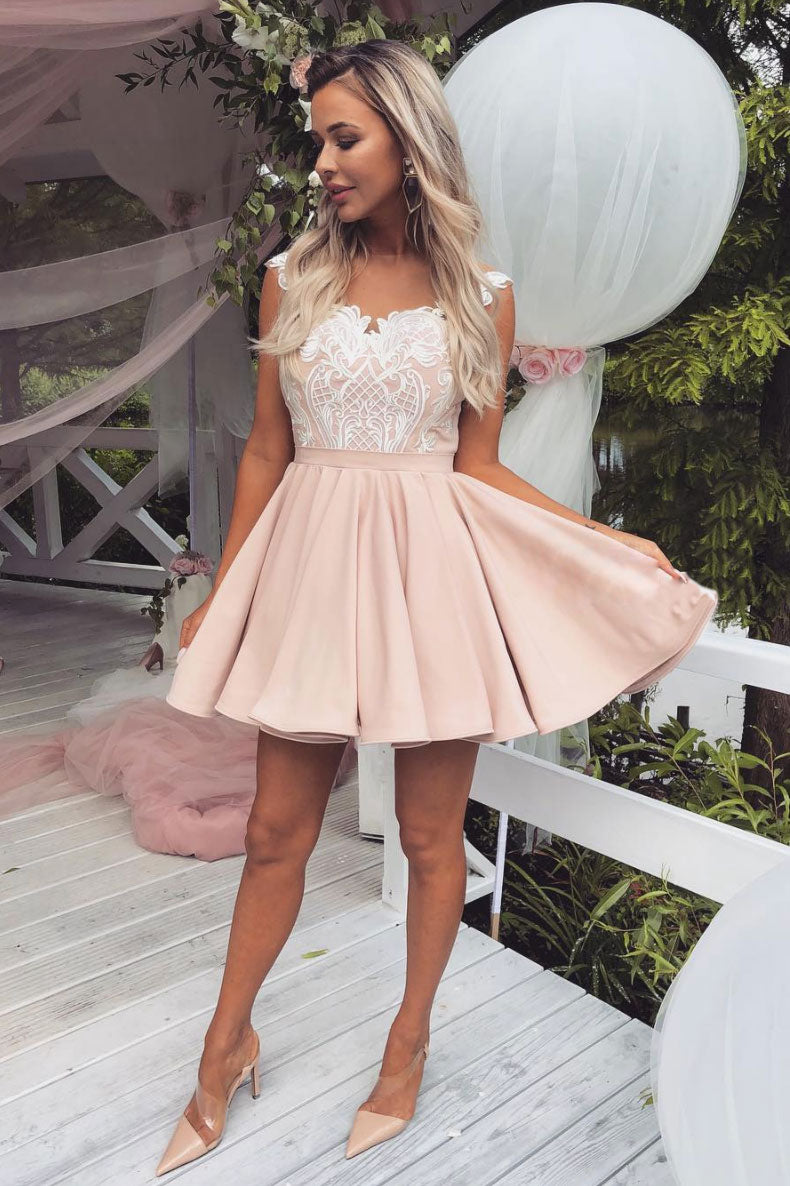 Pink lace satin short prom dress, pink lace homecoming dress dresstby Pink lace satin short prom dress, pink lace homecoming dress dresstby