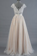 A-line champagne tulle lace long prom dress, lace wedding dress