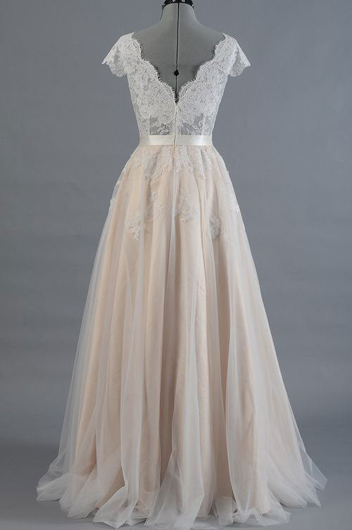 A-line champagne tulle lace long prom dress, lace wedding dress