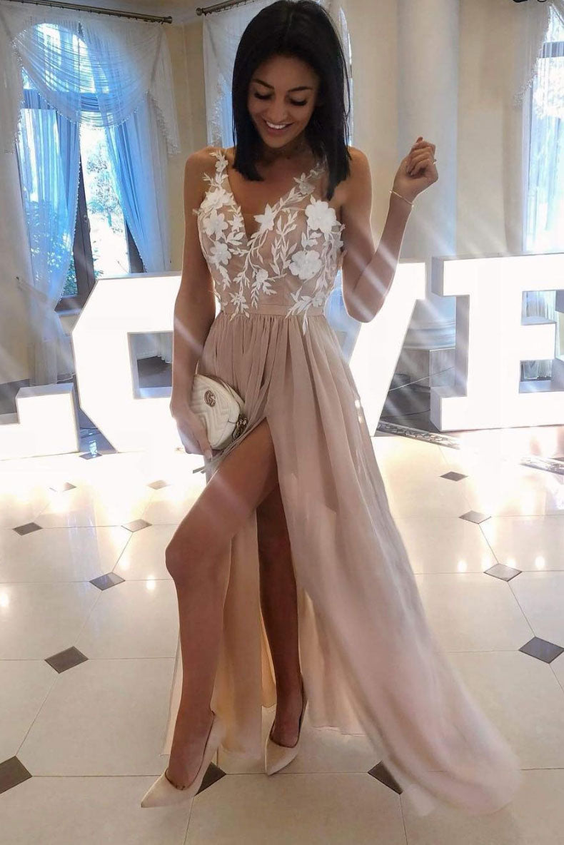 Pink v neck tulle lace applique long prom dress, pink bridesmaid dress dresstby Pink v neck tulle lace applique long prom dress, pink bridesmaid dress dresstby