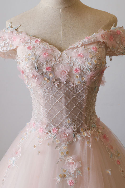Pink off shoulder tulle lace long prom dress, pink evening dress