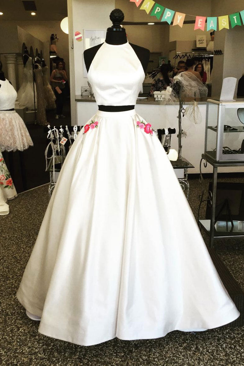 White two pieces satin long prom dress, white long evening dress