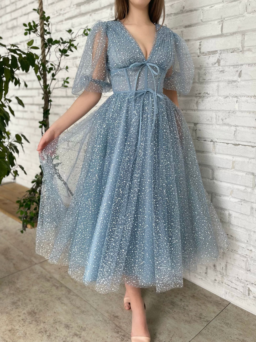 Aline Tea Length Gray Blue Prom Dress, Gray Blue Formal Wedding Party dresstby Aline Tea Length Gray Blue Prom Dress, Gray Blue Formal Wedding Party dresstby