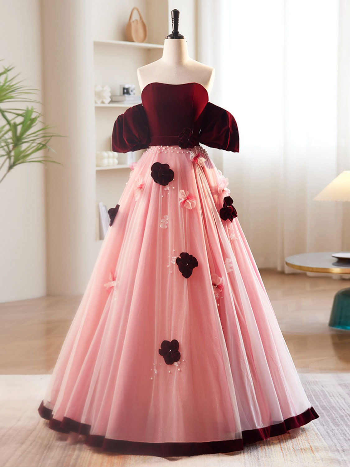 A-Line Tulle Velvet Pink/Burgundy Long Prom Dresses, Tulle Formal Even dresstby A-Line Tulle Velvet Pink/Burgundy Long Prom Dresses, Tulle Formal Even dresstby