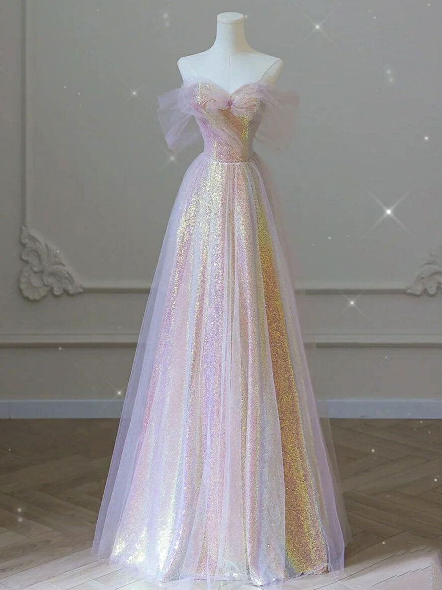Pink A-Line Tulle Sequin Long Prom Dresses, Pink Formal Graduation Dre dresstby Pink A-Line Tulle Sequin Long Prom Dresses, Pink Formal Graduation Dre dresstby