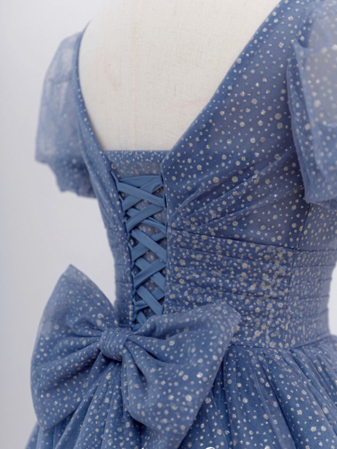 Gray Blue A-Line Tulle Long Prom Dresses, Blue Tulle Formal Dresses