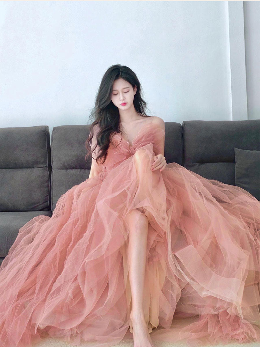 Pink tulle sequin long prom dress, pink tulle formal dress