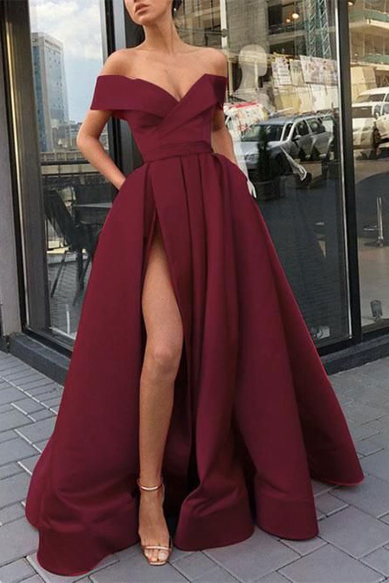 Burgundy v neck satin off shoulder long prom dress burgundy evening dr Burgundy v neck satin off shoulder long prom dress burgundy evening dr