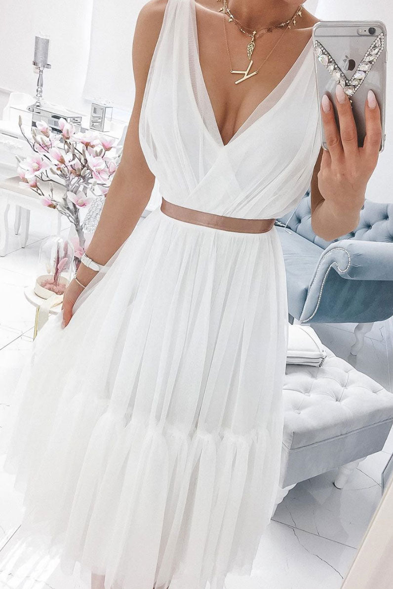 Simple white v neck chiffon prom dress white tulle formal dress dresstby Simple white v neck chiffon prom dress white tulle formal dress dresstby