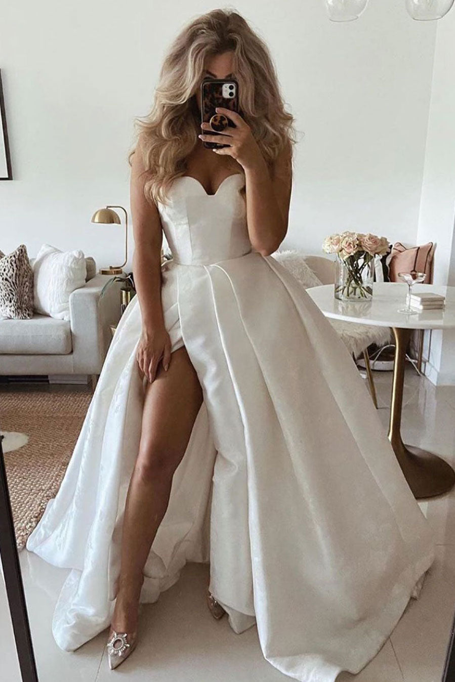 White sweetheart satin long prom dress white evening dress