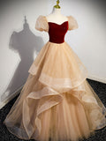 A-Line Champagne Long Prom Dresses, Champagne Tulle Formal Dresses