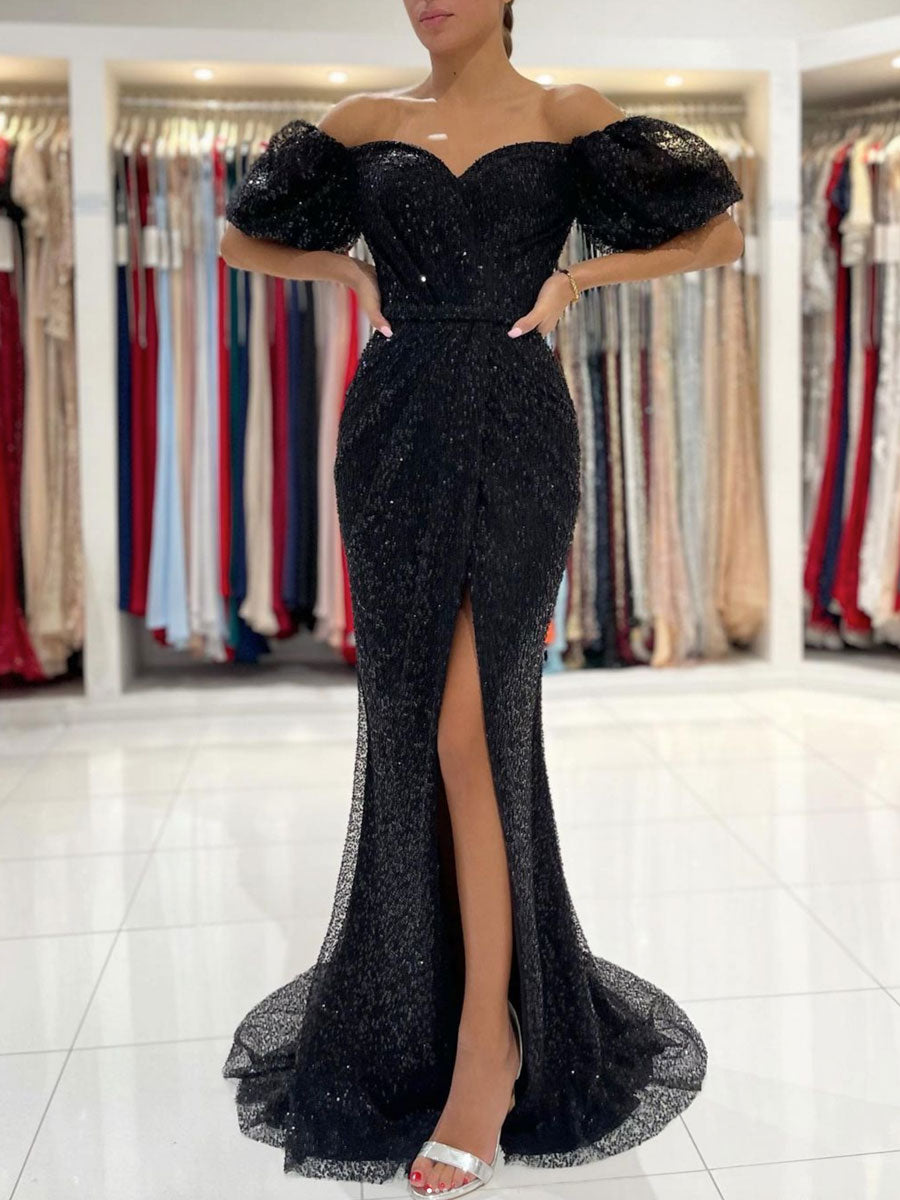Black off shoulder sequin long prom dress, black evening dress dresstby Black off shoulder sequin long prom dress, black evening dress dresstby