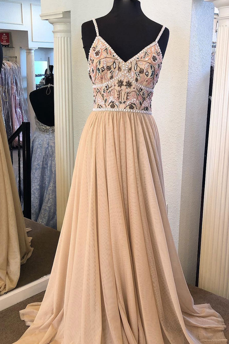 Champagne v neck tulle beads long prom dress, evening dress