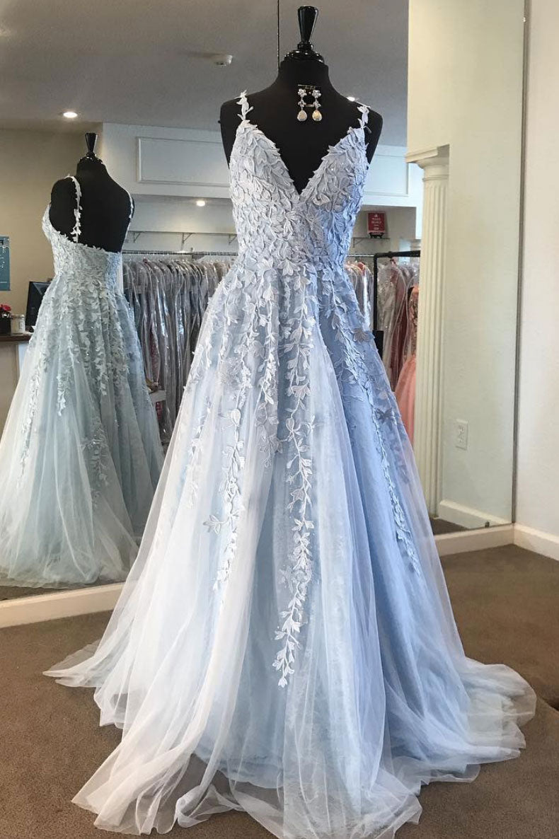 Light blue lace tulle long prom dress, blue formal dress Light blue lace tulle long prom dress, blue formal dress