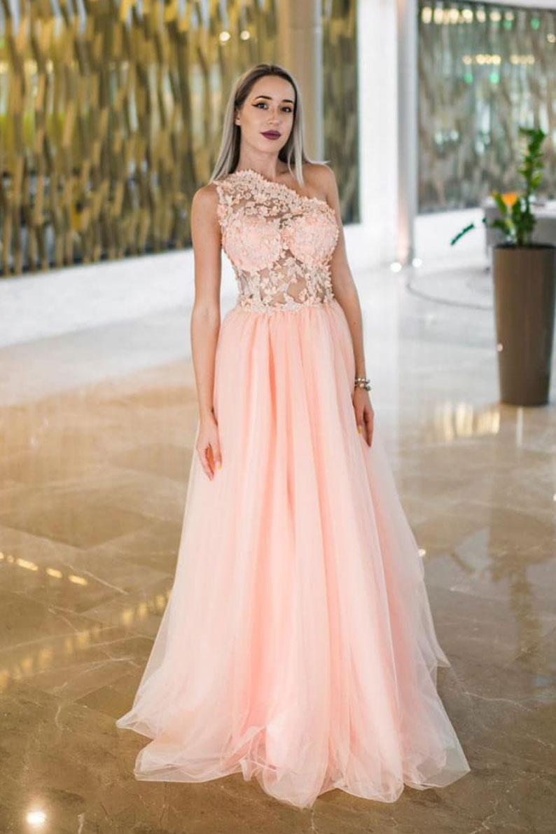 Pink one lace tulle long prom dress pink evening dress dresstby Pink one lace tulle long prom dress pink evening dress dresstby