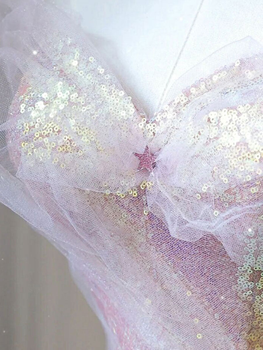 Pink A-Line Tulle Sequin Long Prom Dresses, Pink Formal Graduation Dress