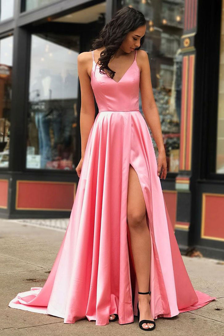 knee length dresses for ladies Pink v neck satin long prom dress pink evening dress dresstby knee length dresses for ladies Pink v neck satin long prom dress pink evening dress dresstby