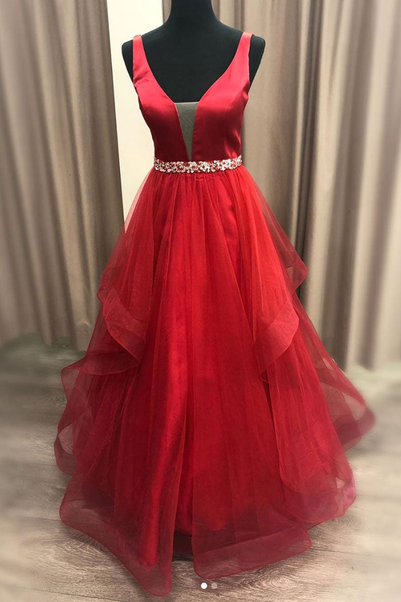 Red v neck tulle long prom dress red tulle formal dress