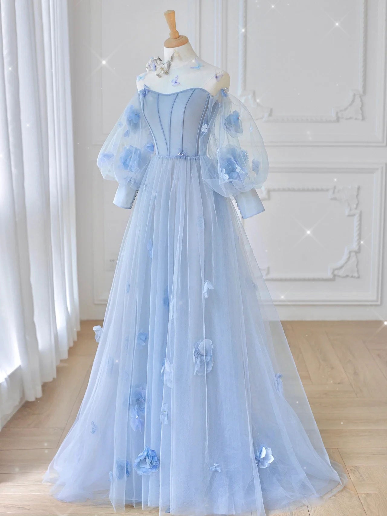 Blue tulle lace long prom dress, blue tulle lace long evening dress dresstby Blue tulle lace long prom dress, blue tulle lace long evening dress dresstby