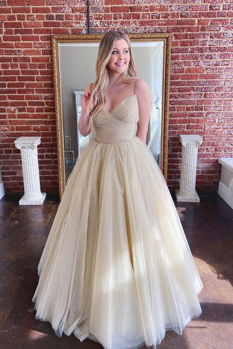 Champagne sweetheart tulle long prom dress, tulle formal dress