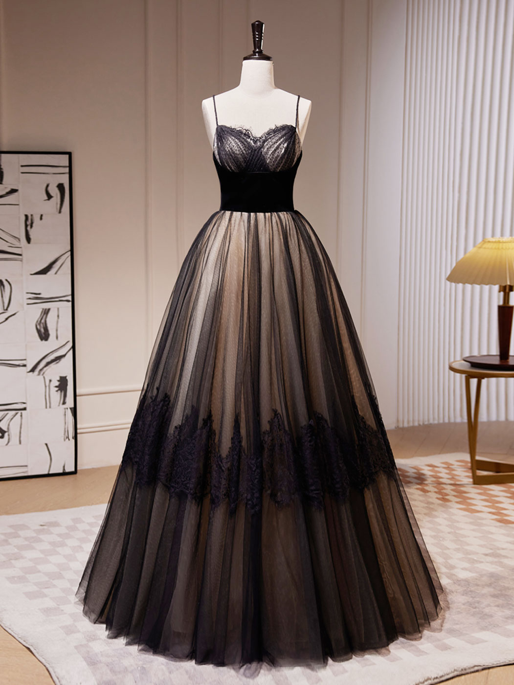 Black A-Line Lace Tulle Long Prom Dresses, Black Lace Formal Evening D dresstby Black A-Line Lace Tulle Long Prom Dresses, Black Lace Formal Evening D dresstby
