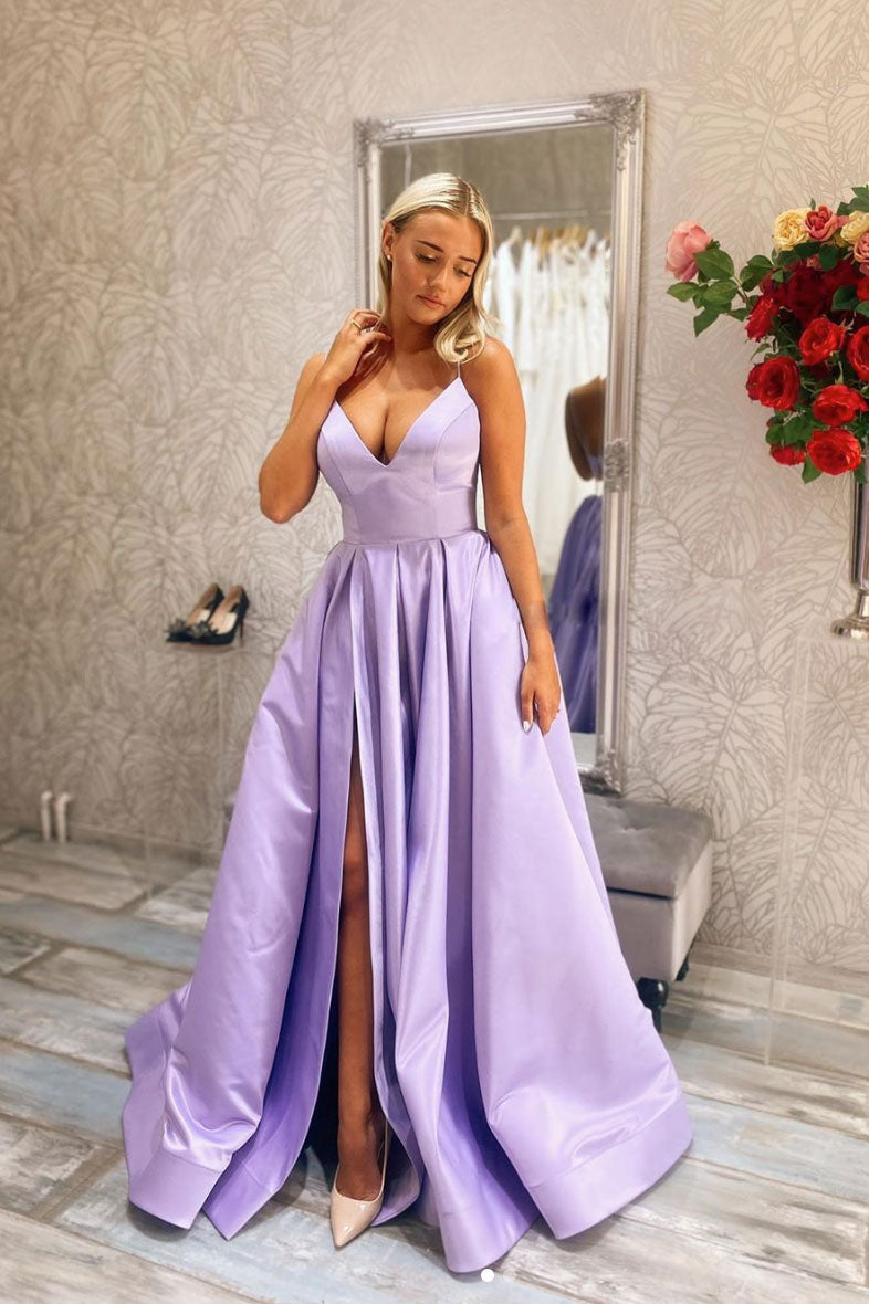 Simple v neck purple satin long prom dress purple evening dress
