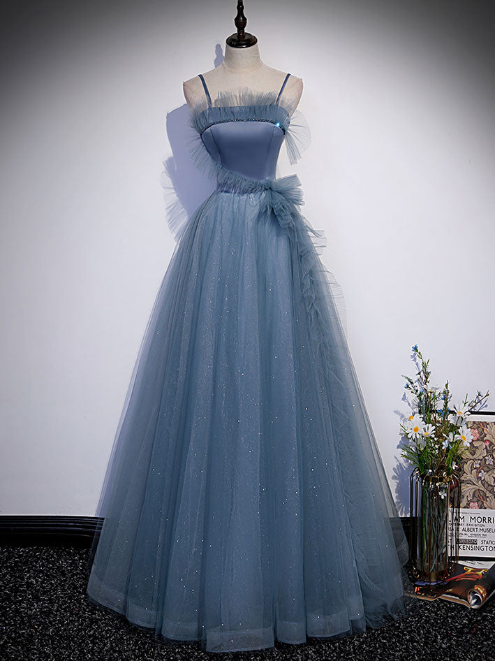 Gray blue tulle long prom dress, gray blue A line evening dress Gray blue tulle long prom dress, gray blue A line evening dress