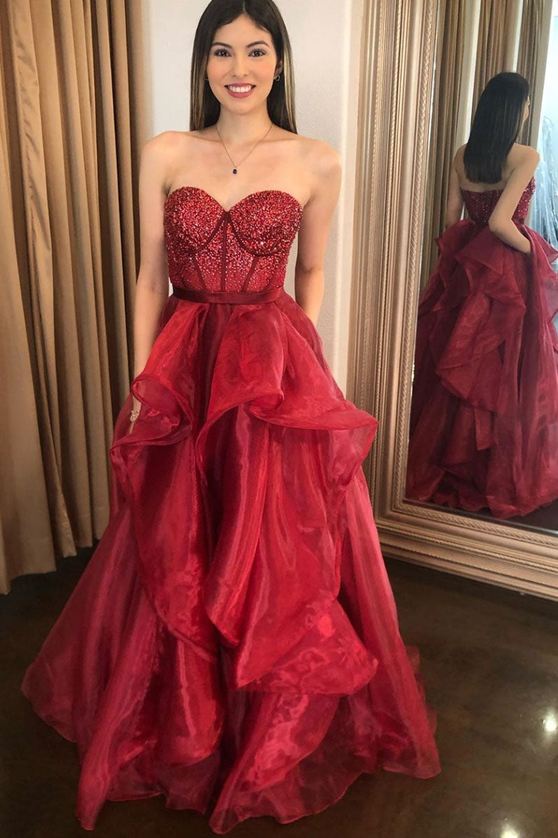 Burgundy sweetheart tulle long prom dress burgundy formal dress
