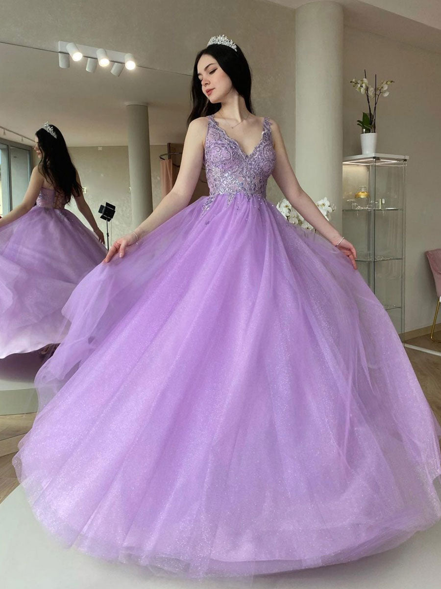Purple v neck tulle lace long prom dress purple tulle formal dress