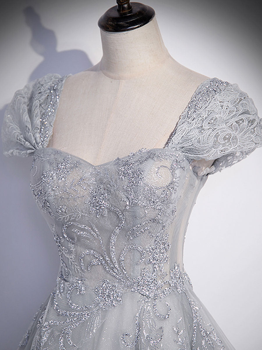 A-Line Gray Tulle Sequin Long Prom Dress, Gray Formal Evening Dress