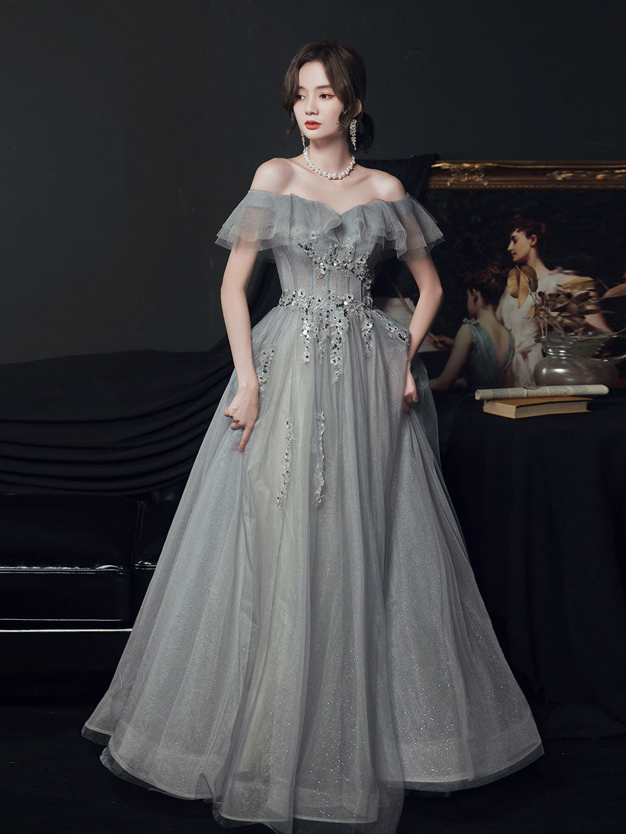 Gray tulle off shoulder long prom dress, gray tulle formal dress dresstby Gray tulle off shoulder long prom dress, gray tulle formal dress dresstby