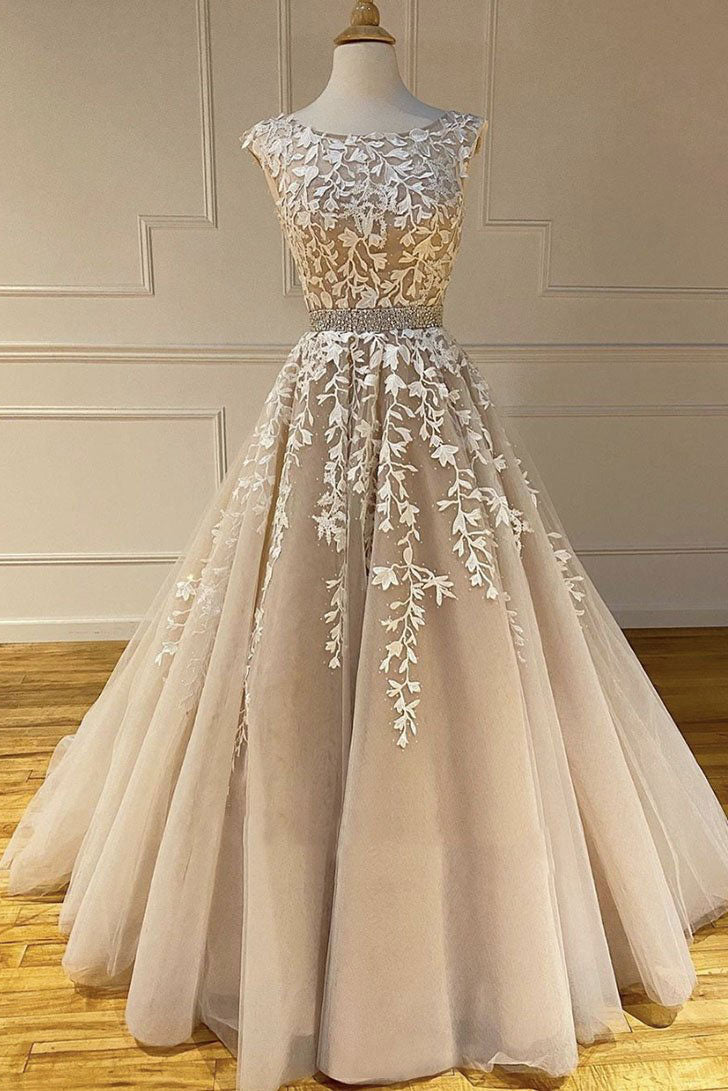 Champagne round neck tulle lace long prom dress lace formal dress dresstby Champagne round neck tulle lace long prom dress lace formal dress dresstby