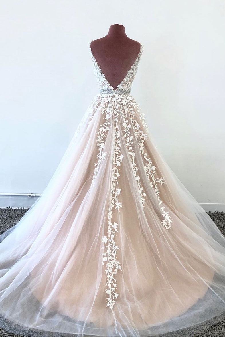 Champagne tulle lace v neck long prom dress tulle formal dress