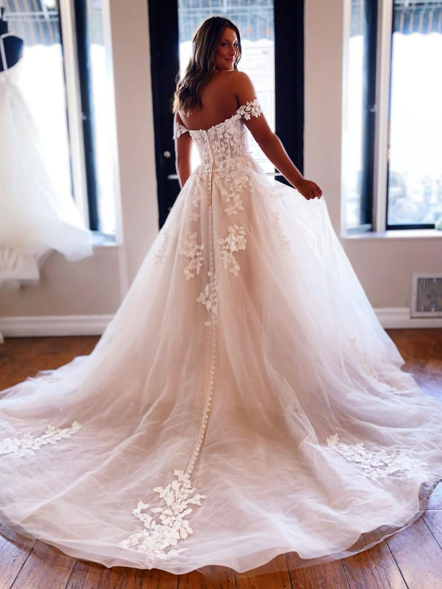 Light champagne off shoulder lace long prom dress, lace formal dress