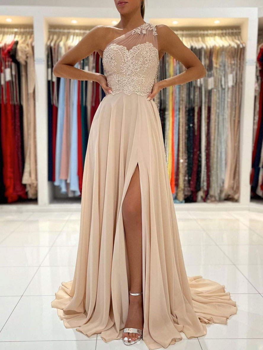 Champagne chiffon lace one shoulder long prom dress, lace evening dres dresstby Champagne chiffon lace one shoulder long prom dress, lace evening dres dresstby