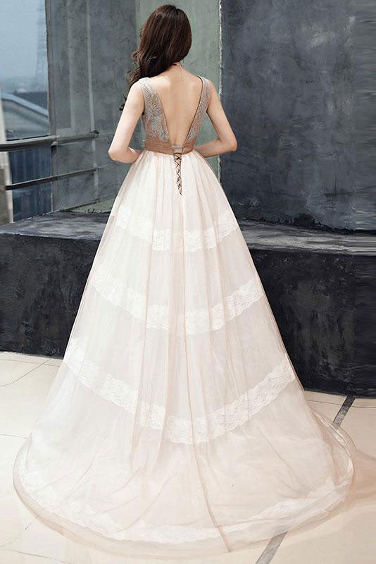 Unique v neck tulle lace long prom dress tulle lace formal dress