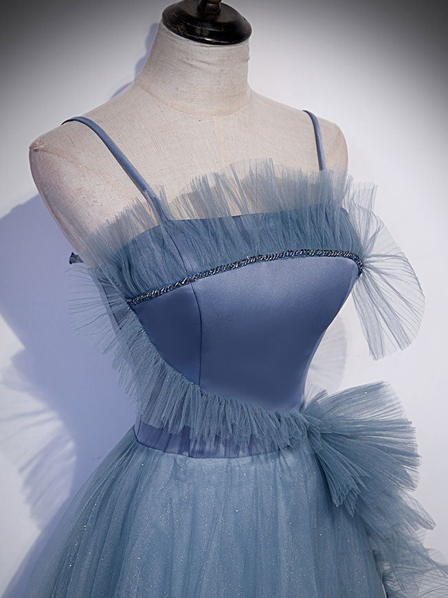 Gray blue tulle long prom dress, gray blue A line evening dress