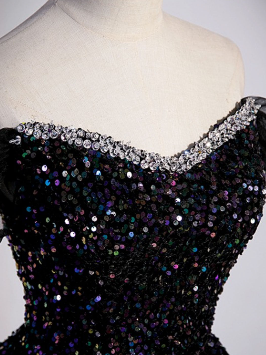 A-Line Sequin Black Long Prom Dress, Off Shoulder Black Evening Dress