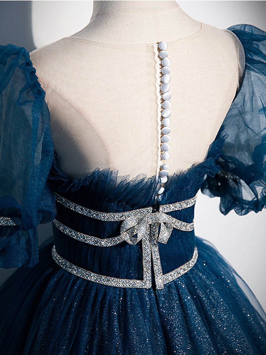 Blue tulle sequin long prom dress, blue tulle formal dress