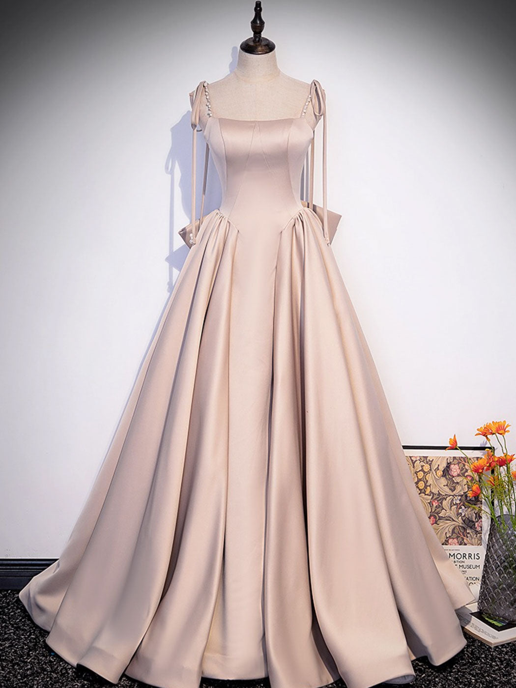 Champagne A-Line Satin Long Prom Dresses, Champagne Formal Evening Dre dresstby Champagne A-Line Satin Long Prom Dresses, Champagne Formal Evening Dre dresstby