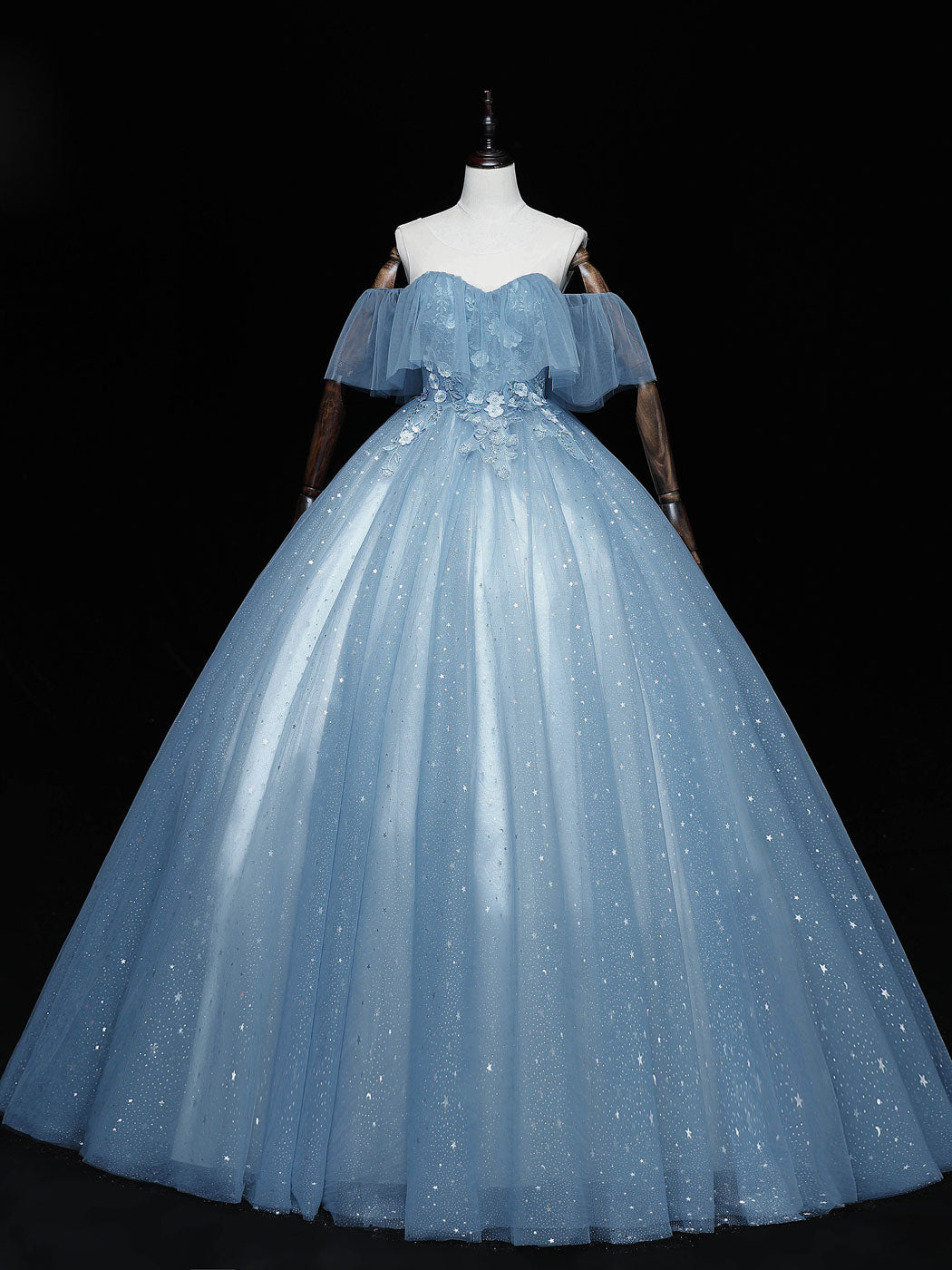 Blue sweetheart tulle lace long prom dress, blue tulle formal dress