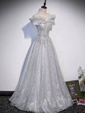 Gray tulle long prom dress, gray tulle formal dress