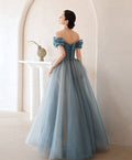 Blue off shoulder satin long prom dress, blue satin bridesmaid dress