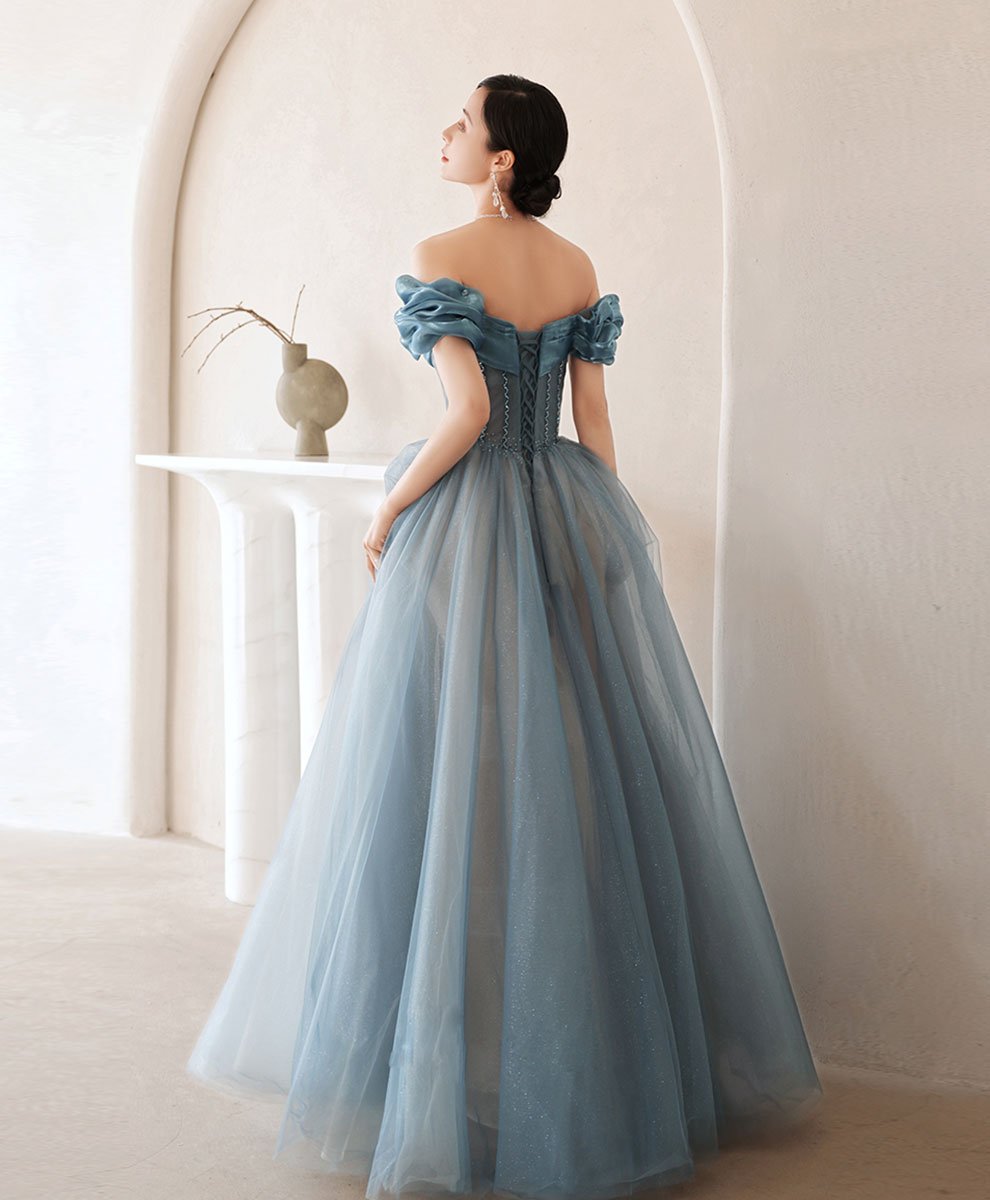 Blue off shoulder satin long prom dress, blue satin bridesmaid dress