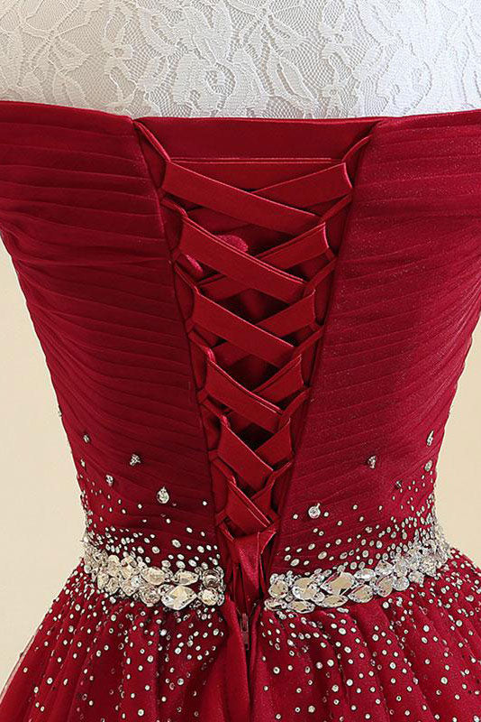 Burgundy tulle off shoulder long prom dress, burgundy evening dress
