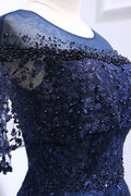 Dark blue lace long prom dress, blue lace evening dress